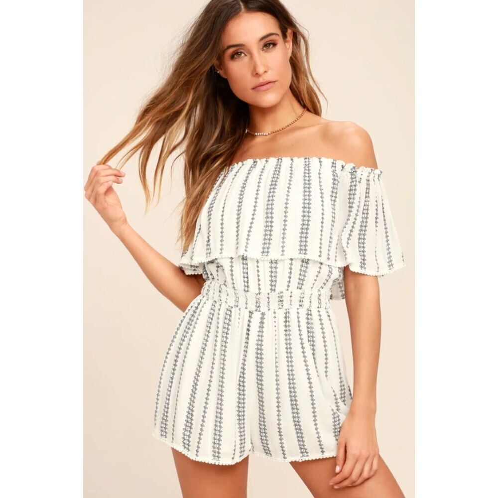 LULUS See Ya There White Blue Striped Off The Shoulder Boho Romper Size Medium